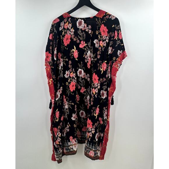Knox Rose Boho Black and Red Floral Tassel Kimono Size Medium Large - Picture 8 of 9